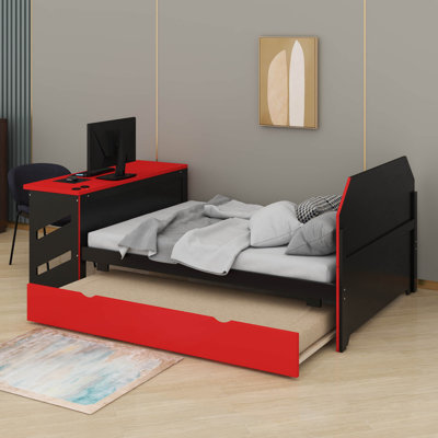 Full Size Daybed With Trundle, Desk & USB Port - Modern Wood Platform Bed