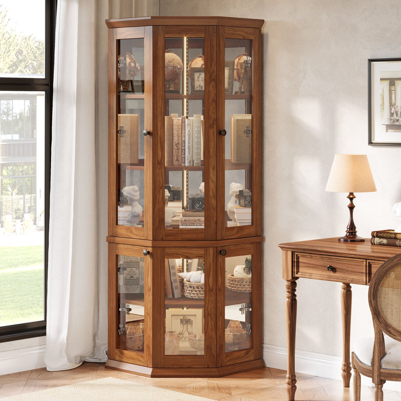 71" Tall Corner Cabinet with Multi-Colour LED Lights, 5-Tier Corner Display Cabinet with Doors