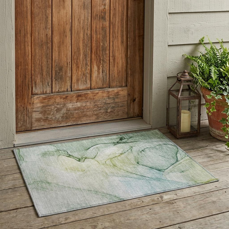 2' X 3' Green Abstract Washable Non Skid Indoor Outdoor Area Rug