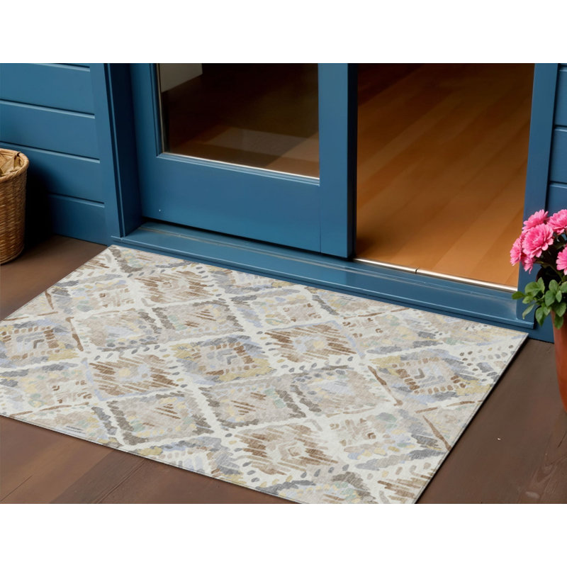 3' X 5' Ivory And Cream Geometric Washable Indoor Outdoor Area Rug