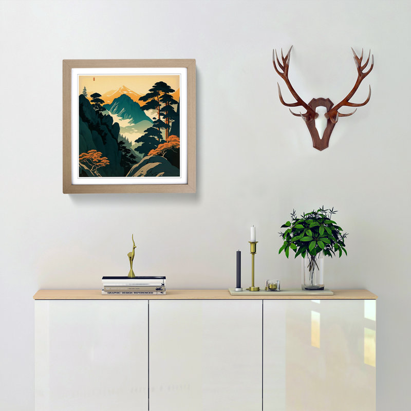 Japanese Mountains Mid-Century - Framed Print, Oak