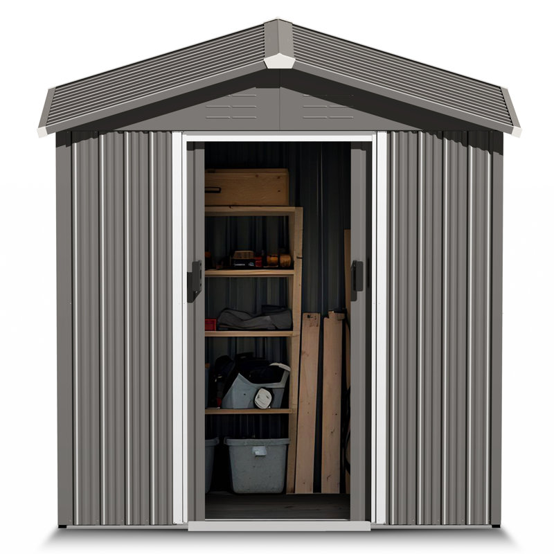 6 x 4 FT Garden Shed Storage Tool Shed with Sliding Doors, Gray, 73" H x 67.8" W x 46.7" D, Gray/White