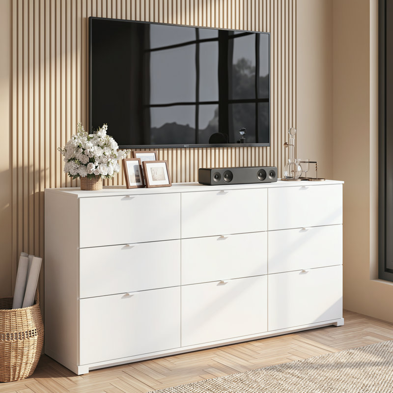 9 Drawer 63" Wide Dresser for Bedroom, White Wooden Large Chest of Drawers Organizer with Sturdy Metal Handle, Modern TV Stand Dresser for Living Room Office, Hallway, Ball Bearing Slide