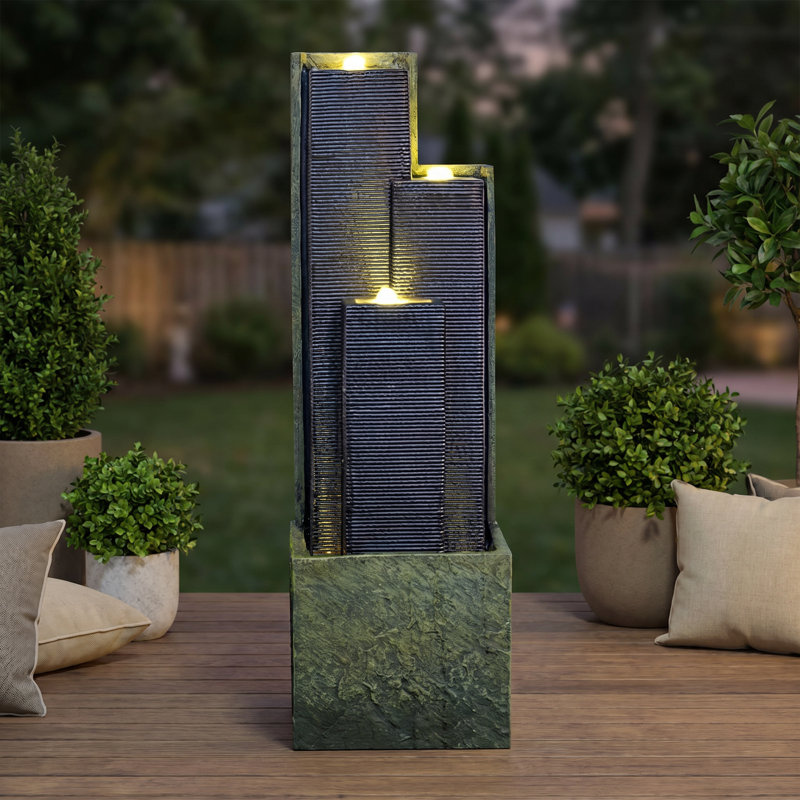 Modern 3-Tier Outdoor Floor Fountain with LED Lights, Resin Garden Water Feature