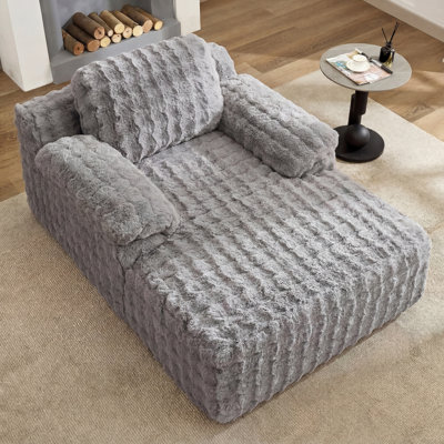 Oversized Compression Chaise Lounge Chair, Plush Faux Fur Comfy Reading Chair, Chaise Sofa Recliner Bed Sleeper Couch With Wide Pillow Armrest For Living Room, Bedroom (Pink)