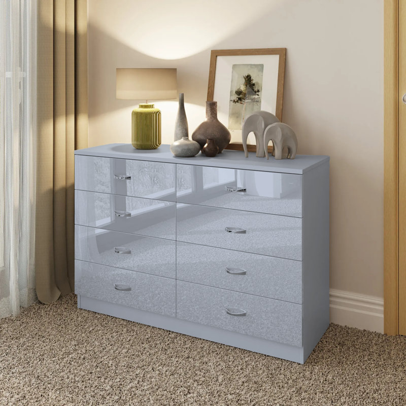 Brendle 8 Drawer Chest: 104cm Wide - High Gloss Front with Chrome Handles, Scratch Resistant, Grey