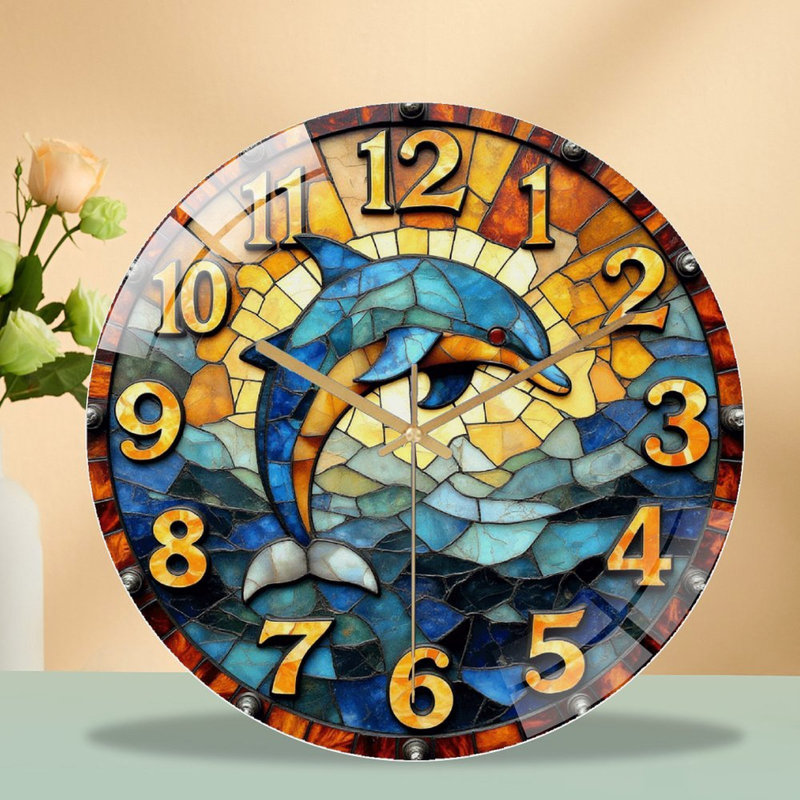Horloge murale dauphin vitrail - 12 po