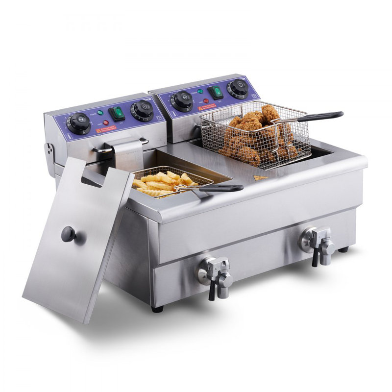 VEVOR 24L Electric Deep Fryer, With Timee And Drain, Dual Removable Baskets And Lid Included