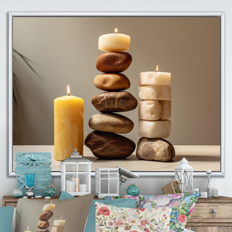 Zen Harmony Balancing Cairn Stones sur toile, Cadre flottant blanc, H 24 po x l 32 po x P 1 po