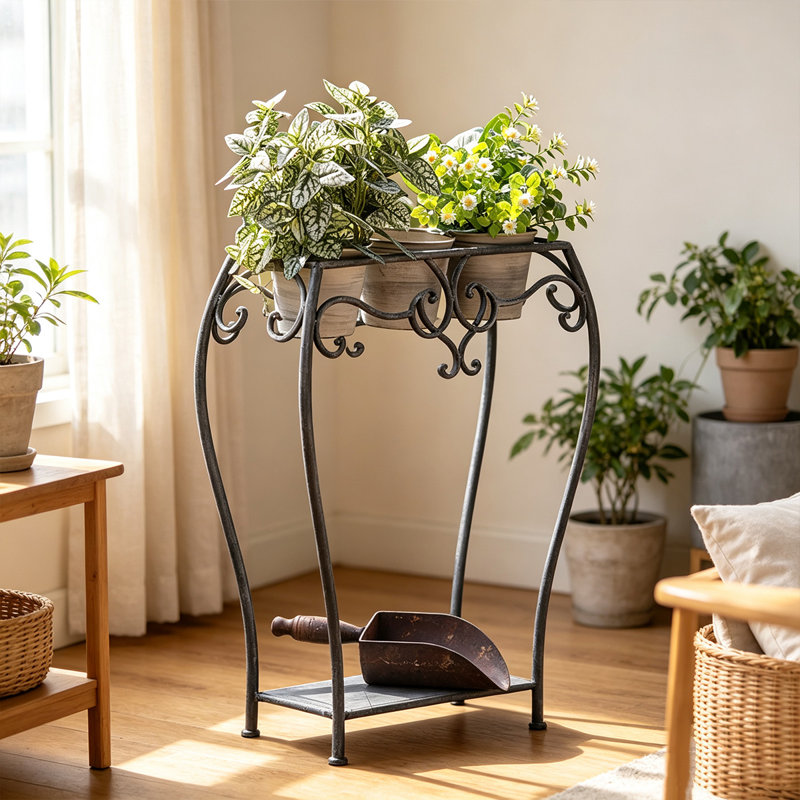 Support pour plante en fer patiné 24,41 ", support à fleurs autoportant à 2 niveaux pour patio