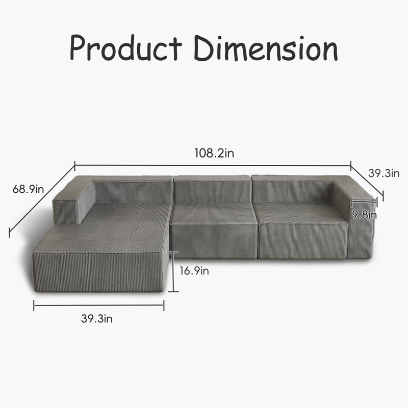 Canapé modulaire Boneless de 108 po avec méridienne en forme de L, sans assemblage requis, canapé modulaire moderne avec assise profonde, canapé rembourré pour le salon, tissu en velours côtelé moelleux