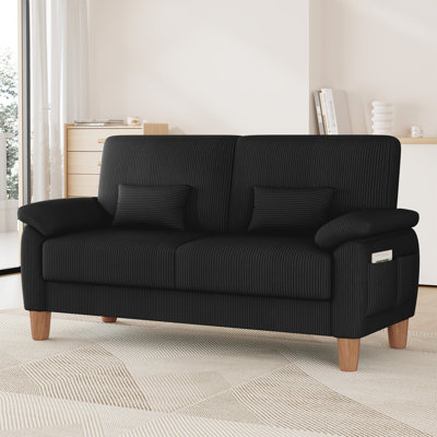 71-inch corduroy 2-seater sofa with solid wood frame, spring seat cushion and two throw pillows-Black