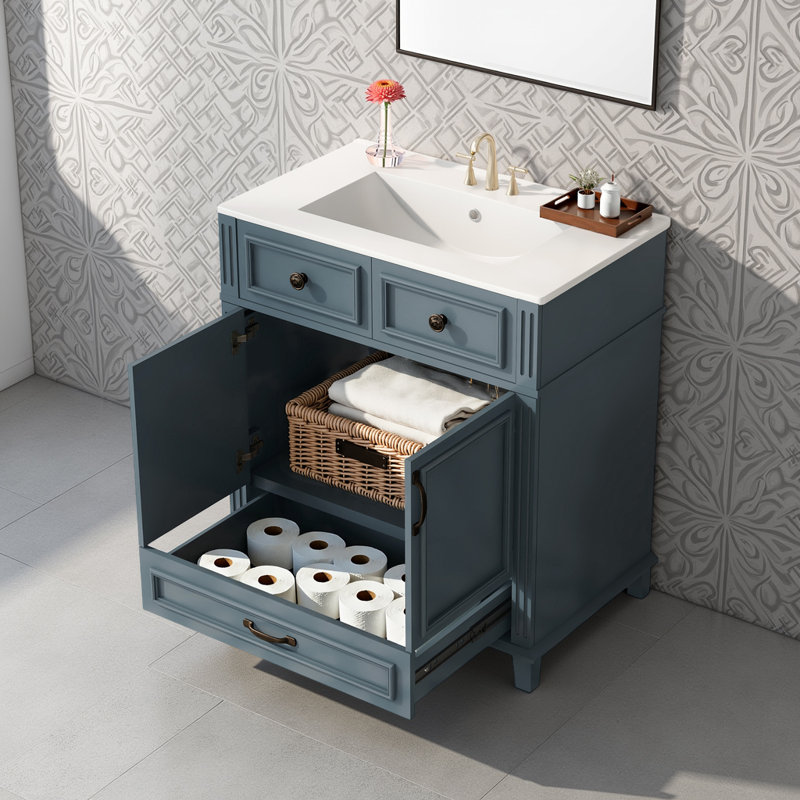 Meuble-lavabo de style rétro 30 po avec lavabo en céramique, structure en bois massif et portes à fermeture douce