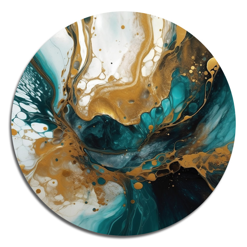 Turquoise et or sculptant l'espace - Art abstrait géométrique rond en métal, H 23 po x l 23 po x P 1 po