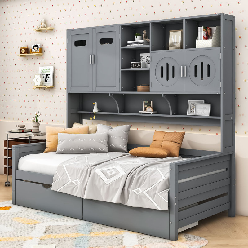 2 Drawers Wood Daybed with Shelves, Gray, Twin