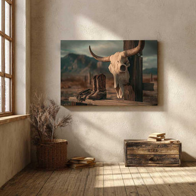 Longhorn Skull & Cowboy Boots Canvas Art â€“ Rustic Texas Ranch Decor