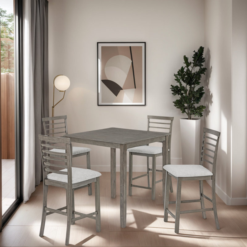 Ensemble de table de salle à manger 5 pièces de style campagne moderne avec structure en bois patiné gris clair et chaises rembourrées en tissu pour la cuisine de la salle à manger