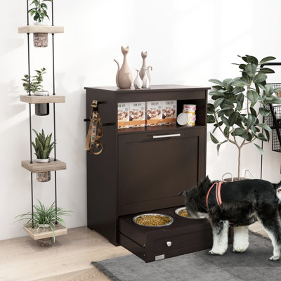 Station d'alimentation brune pour animaux avec armoire de rangement et support pour bols surélevés pour nourriture et eau
