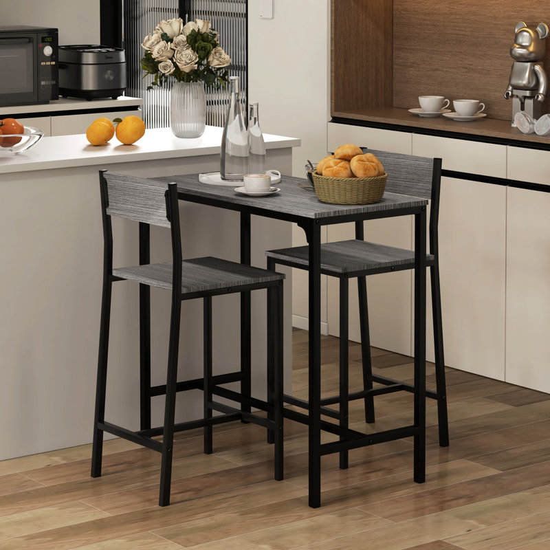 Ensemble table et chaises de bar gris industriel, table haute gain de place pour 2 personnes, coin repas.