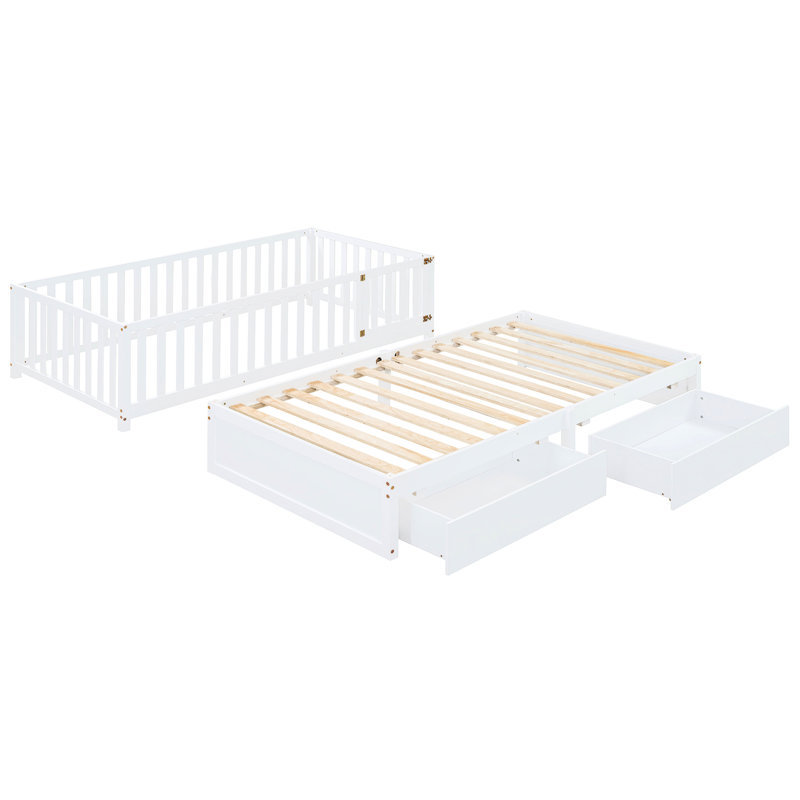 Lit de jour simple blanc avec garde-corps et tiroirs, plateforme de couchage Comfort and Fonction 2 blanc