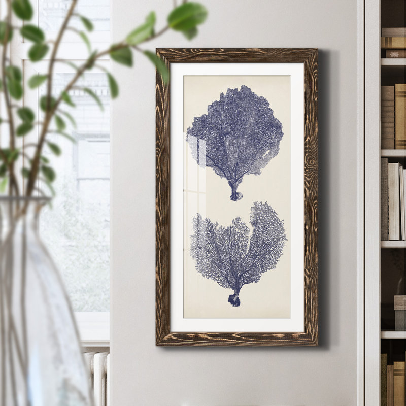 Indigo Seafans II - cadre photo, impression sur papier, Noyer