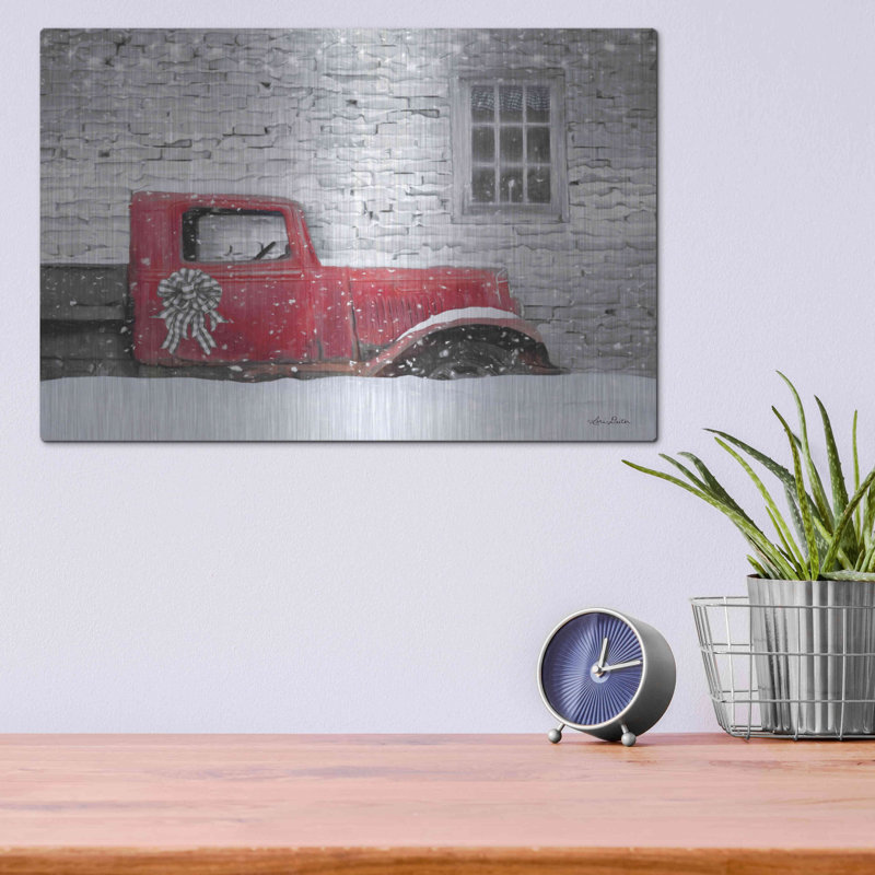 «Christmas Truck with Plaid Bow» par Lori Deiter, art mural en métal, H 12 po x l 16 po