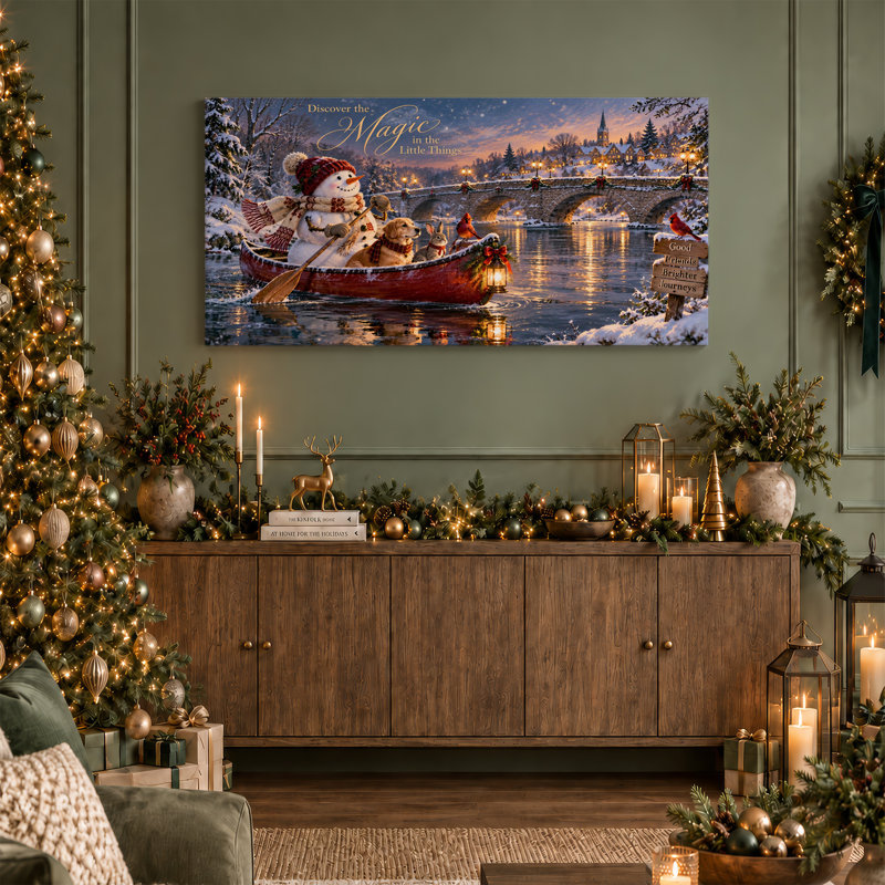 «Snowman Rowing Red Canoe with Dog and Rabbit in Christmas», art mural sur toile, L 40 po x H 20 po