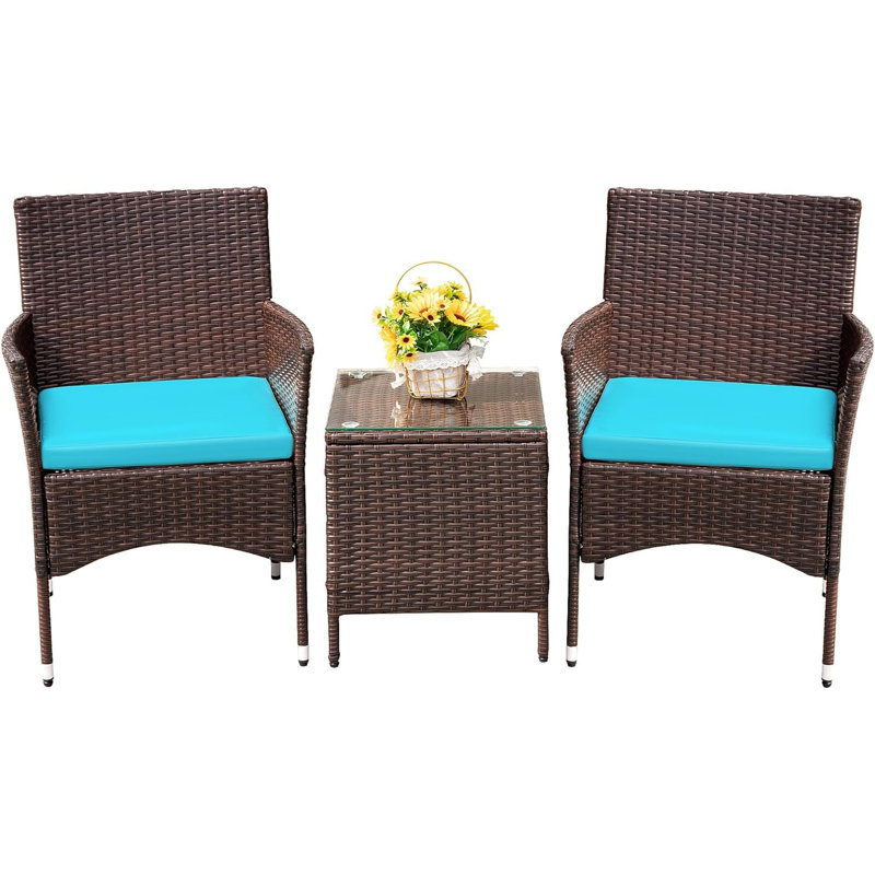 Compact 3-Piece Outdoor Patio Bistro Set PE Rattan Conversation Set, Blue Cushion/Brown Frame