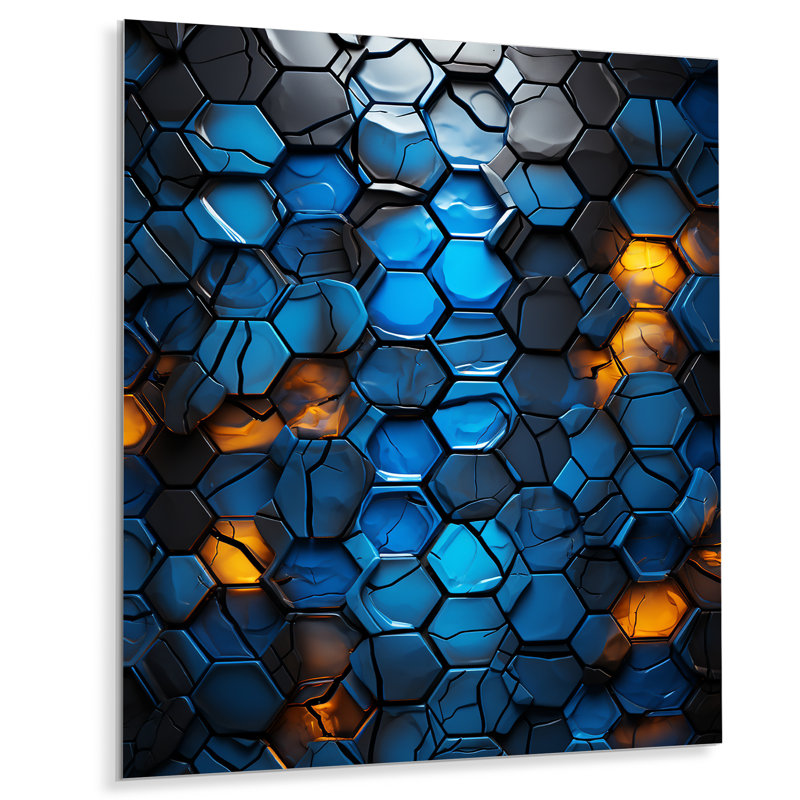 Fractale bleue et jaune mosaïque II - décoration murale abstraite en métal, H 40 po x l 30 po x P 1,5 po