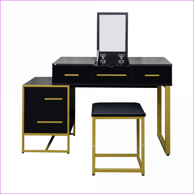 Ensemble de coiffeuse maquillage avec miroir, commode et amp; Table de chevet, 4 tiroirs | Noir | Panneau de fibres à densité moyenne