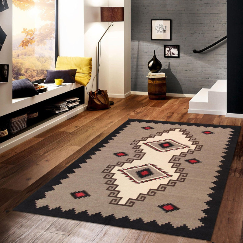 Tapis noir / rouge / brun en laine / coton fabriqué à la main de style ikat Hayk 9 pi 1 po x 11 pi 11 po Haycraft