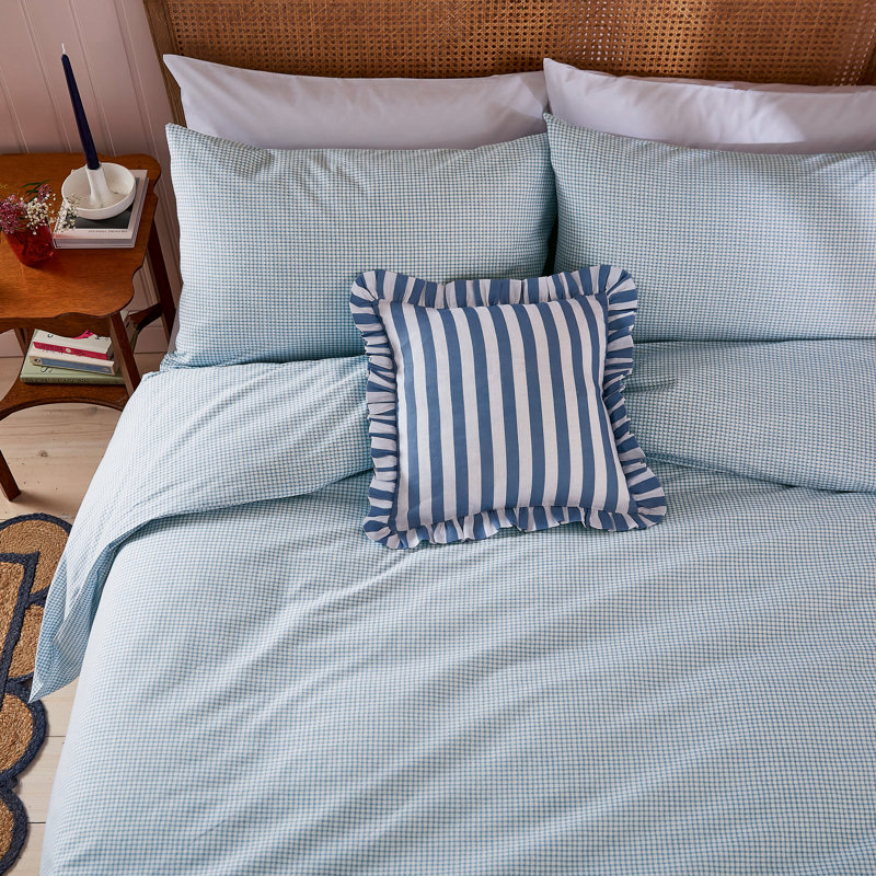 Gingham Print Cotton Duvet Cover Set, Super King Duvet Cover + 2 Standard Pillowcases, Blue