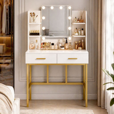 Make up Vanity with Lighted LED Mirror & 2 Drawers, Makeup Vanity Desk, White and Gold