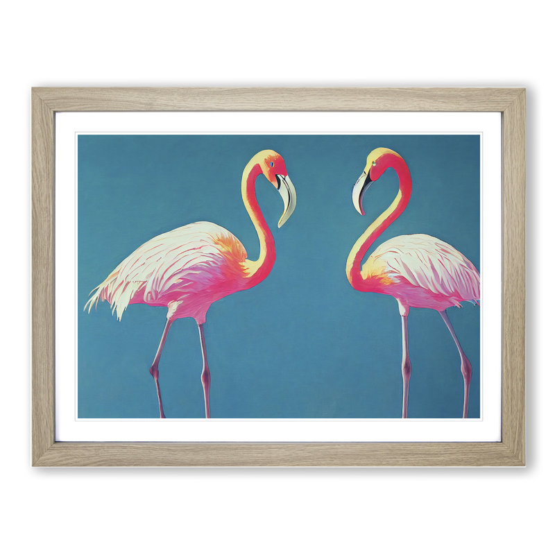Euphoric Flamingos - Framed Print, 34cm H x 46cm W x 2cm D, Oak