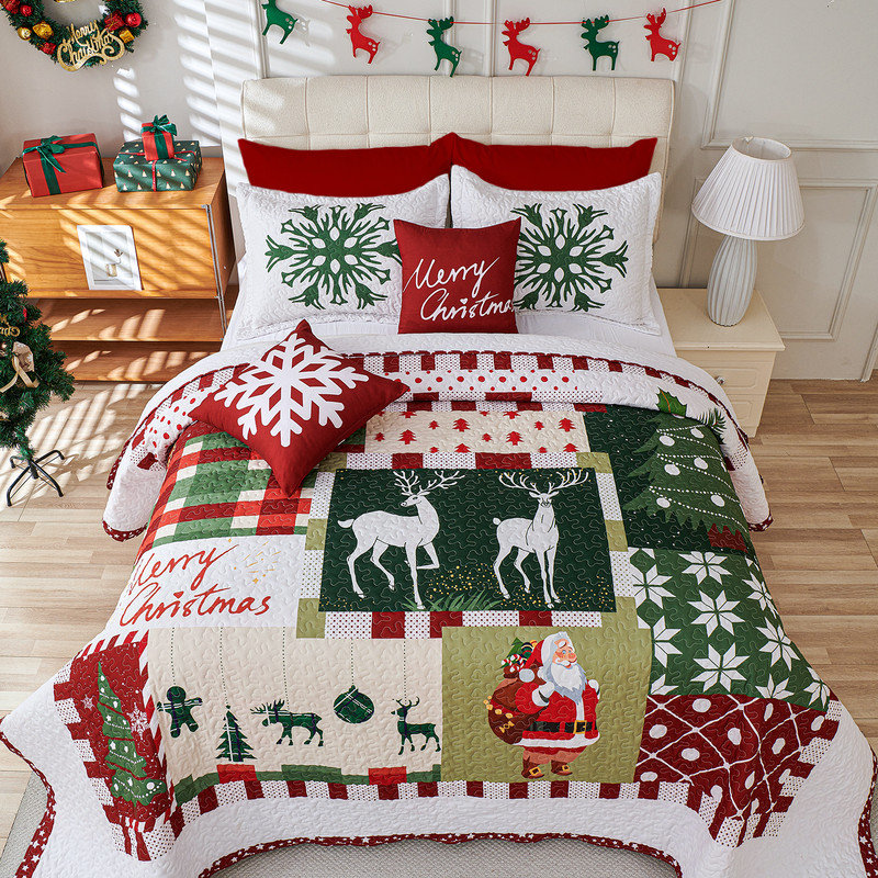 5 Piece Christmas Patchwork Quilt Set Bedspread Set Reversible Christmas Decoration Bedding Set