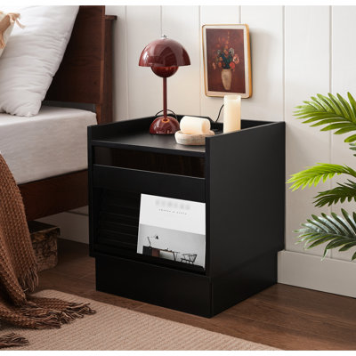 Table de chevet noire de style Mid-Century avec station de charge, lumières à DEL, 2 tiroirs pour la chambre à coucher ou le salon, couleurs et calendrier réglables, glissières en métal lisses, station de travail à DEL, tiroir