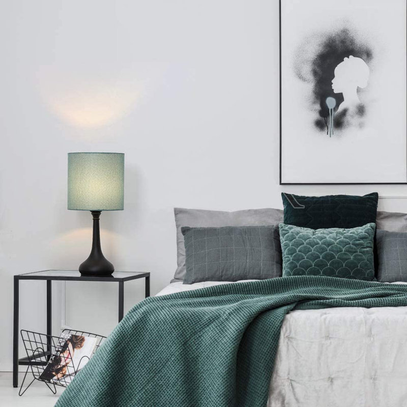 Bedside Table Lamps Line Fabric Lampshade Metal Lamp Base, White, Black, 15.5" H x 7.3" W x 7.3" D