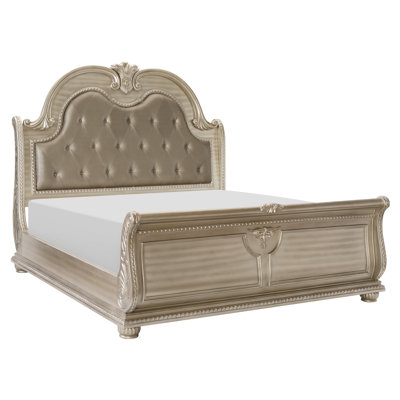 Lit Queen de luxe élégant, fini argenté, tête de lit capitonnée, revêtement en similicuir, mobilier de chambre traditionnel (1 pièce)