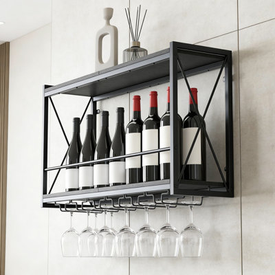 Wall Mounted Wine Rack With Glass Holder, 2 Tier Industrial Rustic Shelf For Wine Bottle Storage, Kitchen, Dining Room, Or Home Bar Decor