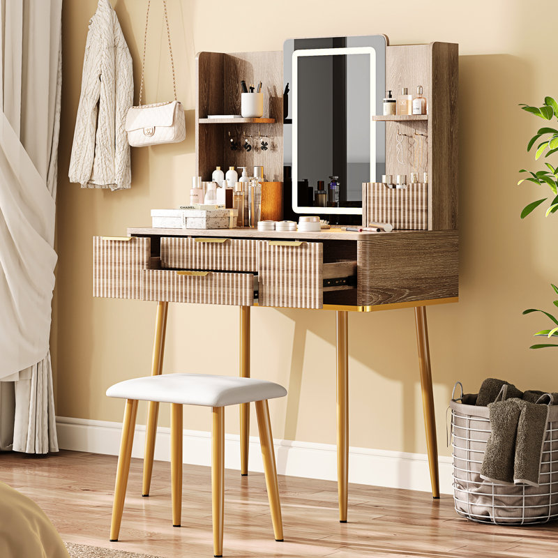 Meuble-lavabo cannelé avec 4 tiroirs, miroir à DEL et poignées en métal, coiffeuse à collier en forme de collier jaune et brun