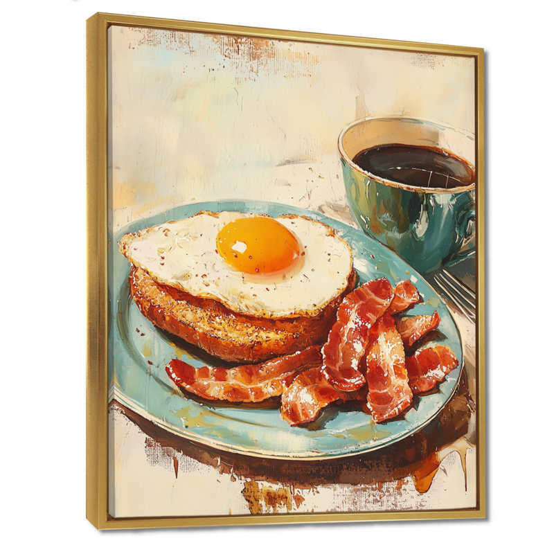 1950s, petit déjeuner américain rétro II, art mural petit déjeuner, H 44 po x l 34 po, Reproduction avec cadre flottant, Doré