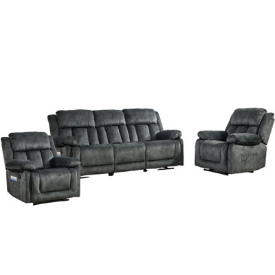 3-Piece Modern Soft Microfiber Manual Recline Living Room Set With 2 Recliners & Sofa