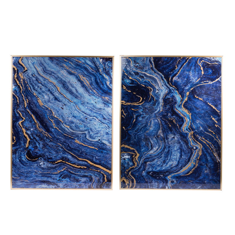 Ensemble de 2 panneaux d'art encadrés bleus et dorés, motif marbré unique, 30,5 po x 40 po
