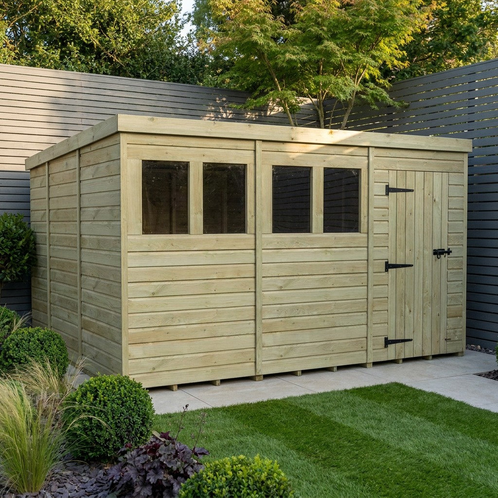 Total Sheds 12ft x 10ft Pent Garden Shed - Single Door - With Windows - Pressure Treated Timber - UK Manufactured