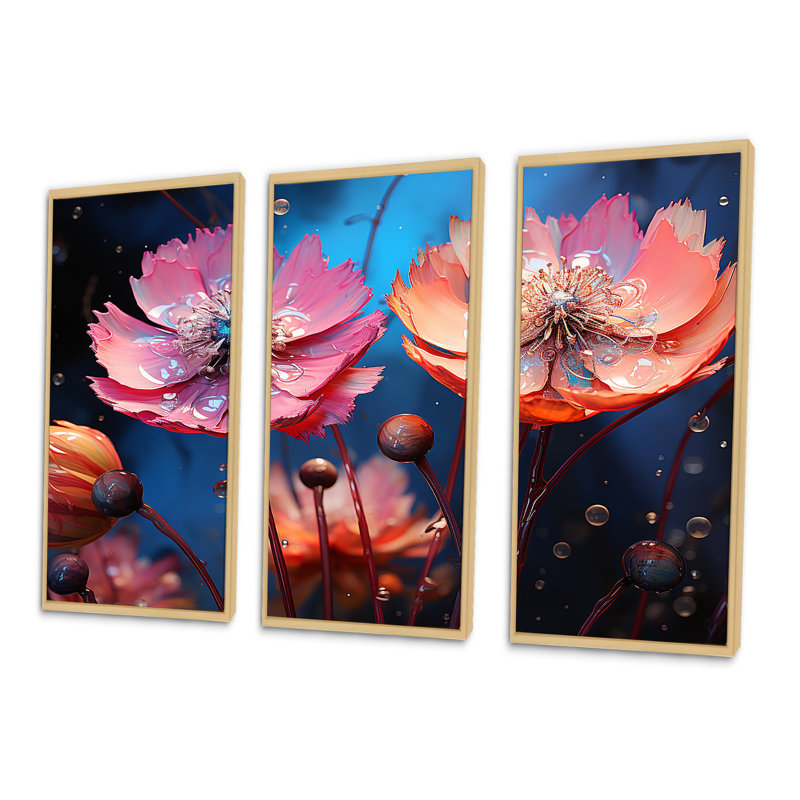 Ensemble d'art mural sur toile Neon Flourish, Cadre naturel flottant, H 32 po x l 48 po x P 1 po