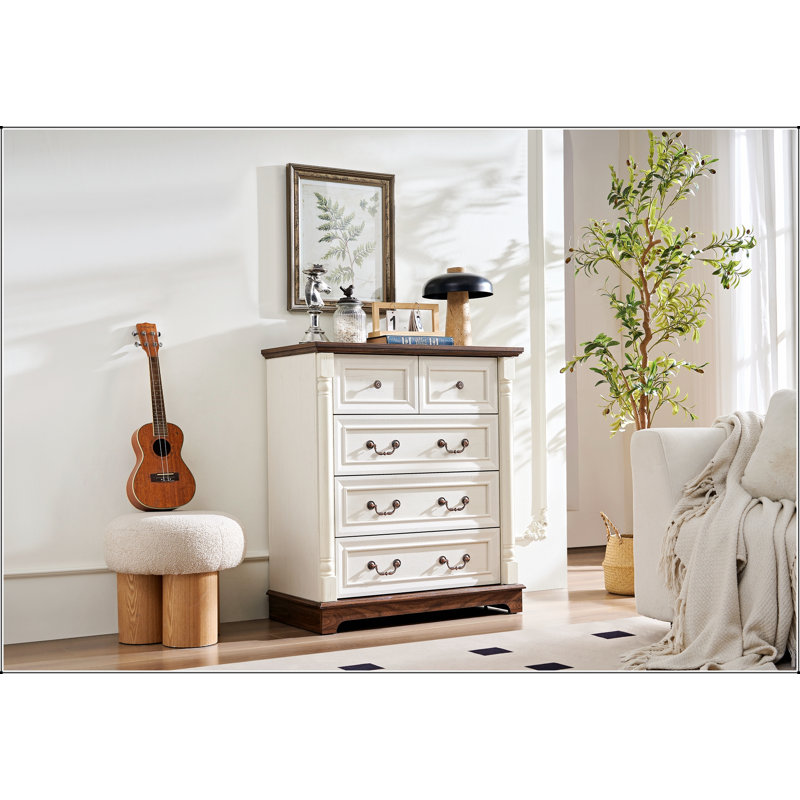 Commode en bois à 5 tiroirs de style campagnard avec design rustique, rangement durable pour la chambre à coucher et le salon