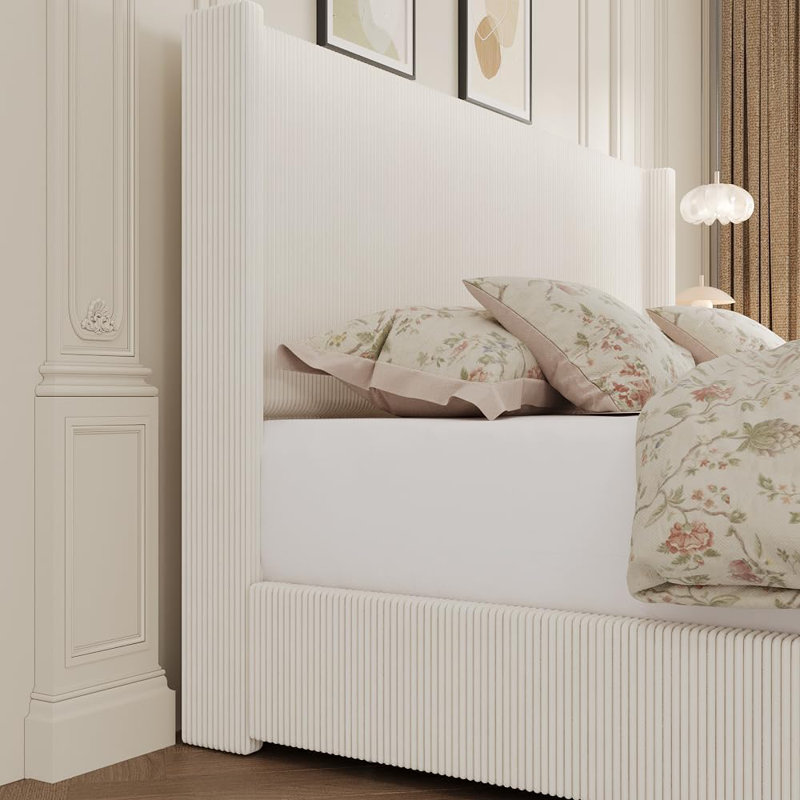 Queen Upholstered Platform Bed Frame with Storage Drawers, Corduroy Tufted Wingback Headboard and Footboard, No Box Spring Required, Beige