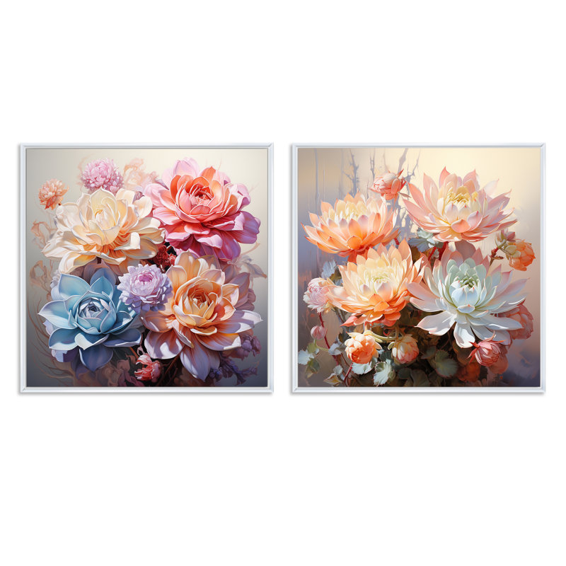 Sérénade sarcelle sarcelle - ensemble de 2 collages floraux carrés, H 16 po x l 33 po, Cadre flottant blanc