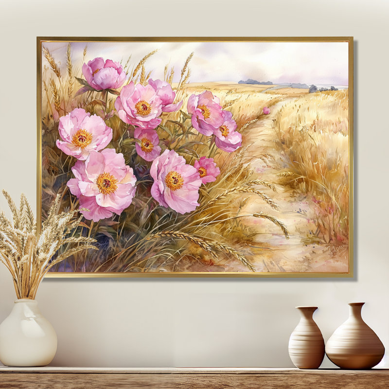 Grandes pivoines le long de la route de campagne I - pivoines, H 12 po x l 20 po, Impression encadrée flottante, Doré