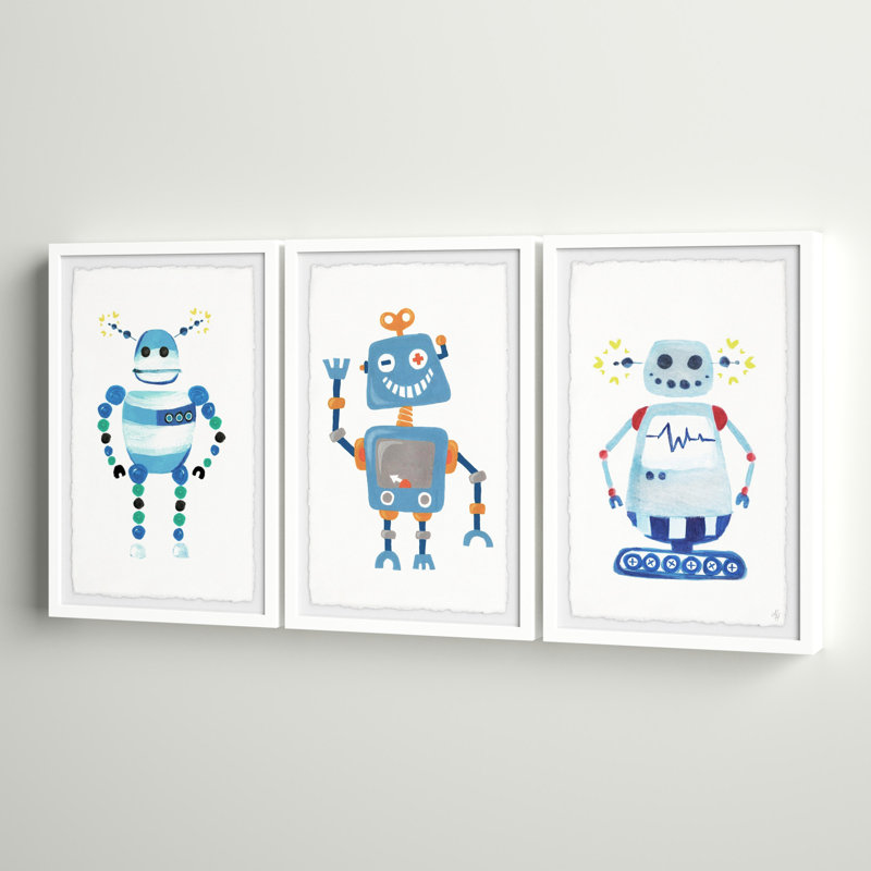 Noemi 'Happy Robot' 3- Piece Set Framed Print, 12" H x 8" W x 1.5" D